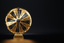 Golden Wheel Of Fortune On A Dark Background, Luxury Style Black And Gold. Casino Concept, Luck, Luck, Gambling, Gambling Establishments. Website Template, 3D Illustration, 3D Render, Copy Space.