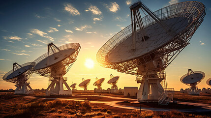 Radio telescopes aligned in the sky at sunset.