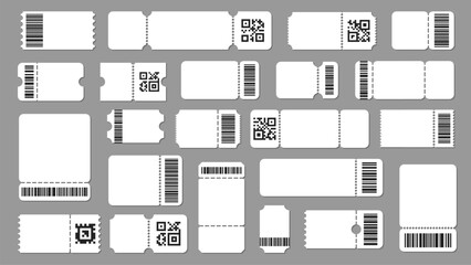 Sticker - Ticket template with code. Barcode label with text, stub ticket with QR code and barcode. Mockup for event ticket vector