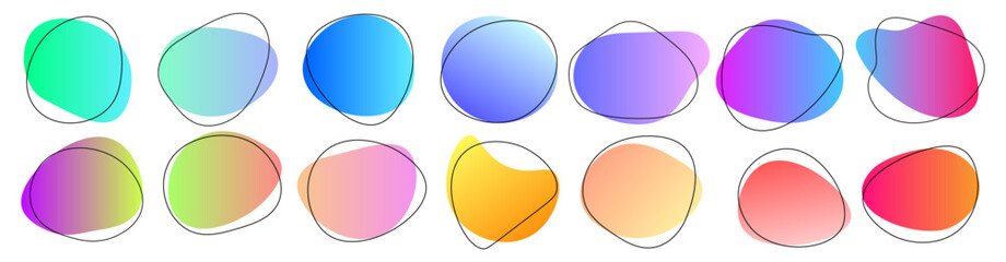 Poster - Contemporary Organic blob, bubble blotch background shape, asymmetric spot, outline set. Abstract Irregular form oval figure with gradient color. Amoeba blot collection. Vector illustration 