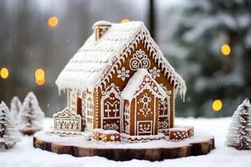 Canvas Print - decorated gingerbread house on a snowy landscape