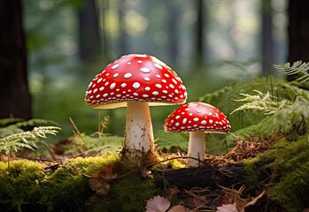 Whimsical Fly Agaric Mushrooms Nestled in Mossy Forest Enchantment. Generative AI