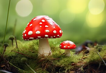 Whimsical Fly Agaric Mushrooms Nestled in Mossy Forest Enchantment. Generative AI