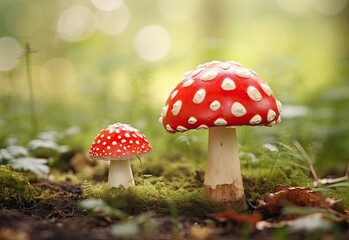 Whimsical Fly Agaric Mushrooms Nestled in Mossy Forest Enchantment. Generative AI