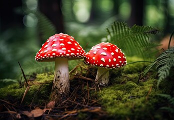 Whimsical Fly Agaric Mushrooms Nestled in Mossy Forest Enchantment. Generative AI