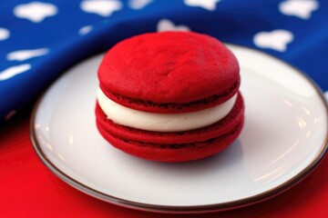 Poster - a red velvet whoopie pie against a royal blue cloth