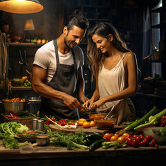 Couple cooking vegan dishes