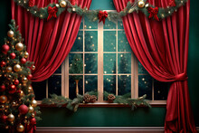 Window With Red Curtain And Christmas Decoration