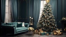 Luxurious Teal Christmas Tree Adorns Cozy Living Room With Elegant Furniture And Fireside Ambiance.