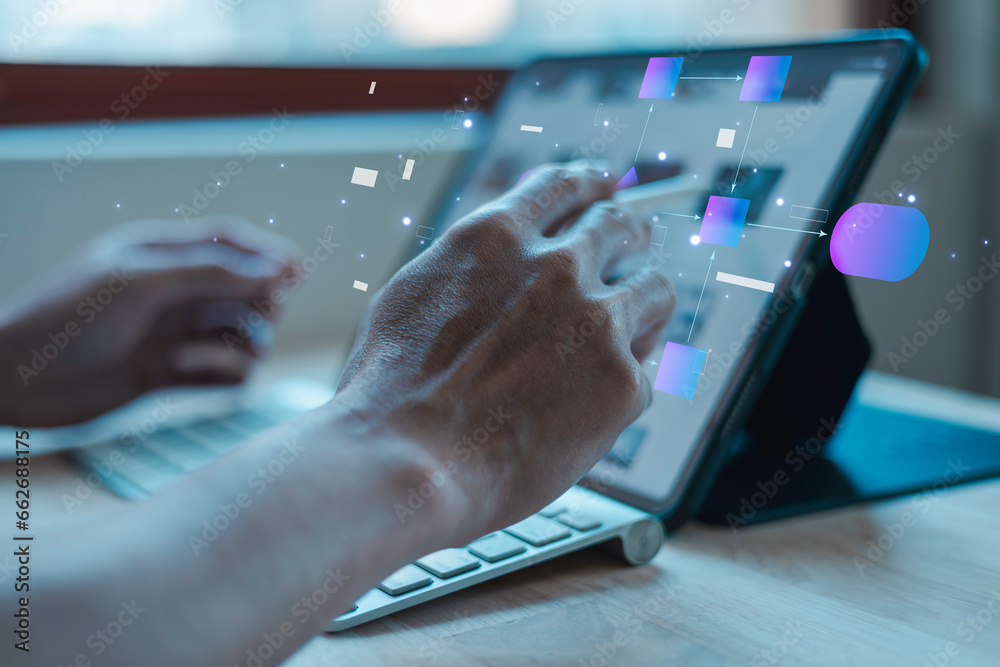 business process flowchart, implement and improve computer analysis for process and workflow automation with flowchart, a businessman in background