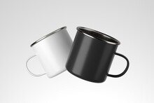 Classic white and black emailed metal mugs mockup set from different angles. 3d illustration of cups on white background. Easy to change colors. Realistic white and black emailed metal mugs mock up te