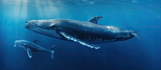 A humpback whale and its calf swimming in blue water With copyspace for text