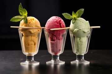 Canvas Print - a trio of gelato scoops served in glass dishes