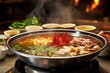 a pot of boiling hotpot with various ingredients at an asian restaurant