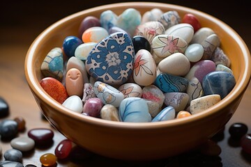 Sticker - a ceramic bowl filled with gratitude pebbles