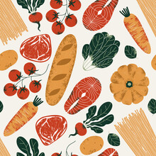 Various Healthy Food Seamless Pattern. Keto Food. Salmon With Spinach And Tomato With Meat And Bread. Vector Illustration
