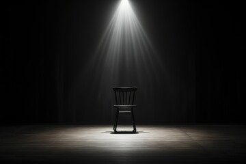 Empty chair in a dark room in the rays of a spotlight.