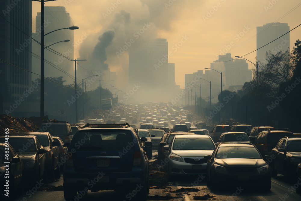 Congested Environment Polluted city with chaotic traffic, highlighting the hazardous ...