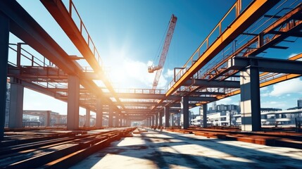 Aufkleber - Construction of the steel buildings pillars using a crane in a factory, Structural steel frame.