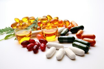 Poster - assorted vitamins and dietary supplements on white background