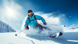 Fototapeta Tęcza - man in ski suit with helmet on ski slope