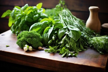 Canvas Print - bunch of fresh herbs tied to a board