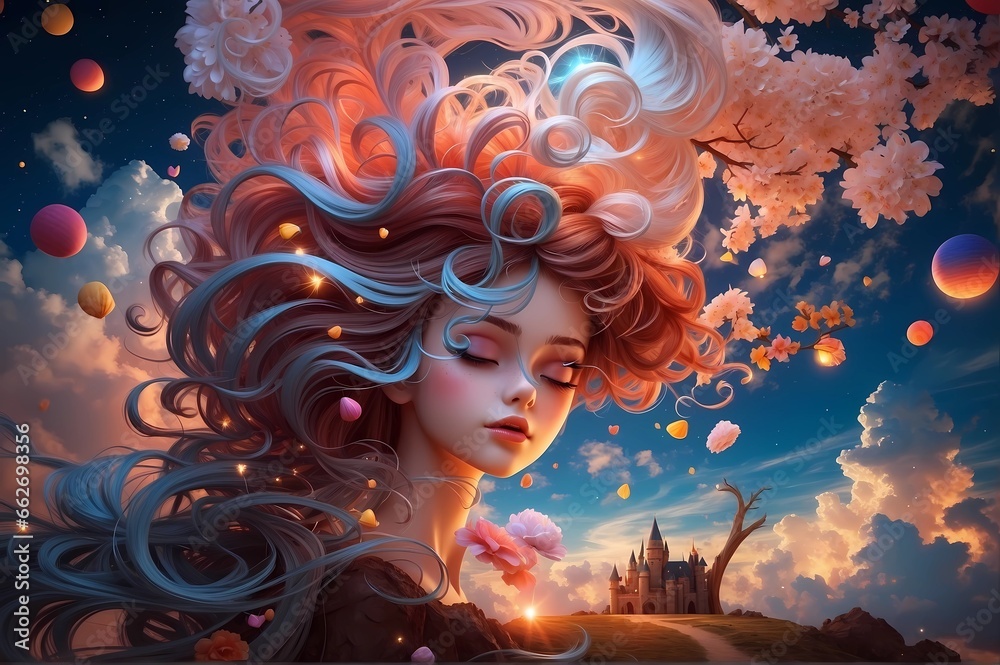 Woman with pink hair and flowers in her hair, smiling brightly Stock ...