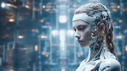 Poster - A humanoid cyber girl with a neural network, A digital brain is learning to process big data, Artificial intelligence.