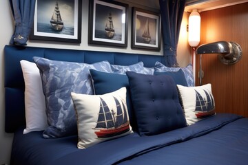 Wall Mural - a photo of a neatly made bed with ship-themed pillows