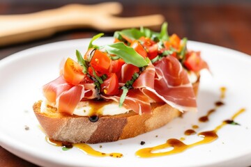 Sticker - one piece of prosciutto bruschetta placed on a small serving dish