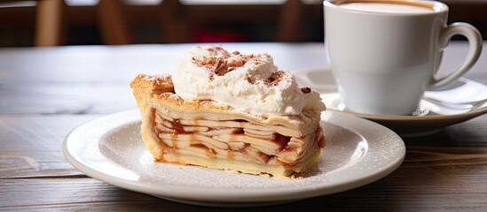 Canvas Print - Apple pie slice with ice cream coffee on wooden table With copyspace for text