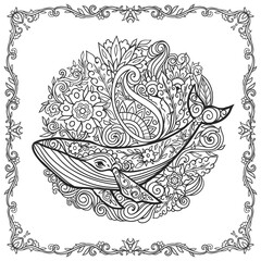 Whale mandala. Animal Vector illustration. Adult or kids coloring book page in Zen boho style. Antistress Peaceful drawing. Black and white