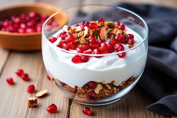 Poster - greek yogurt parfait with pomegranate seeds in a bowl