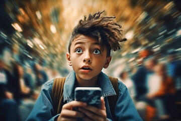 Wall Mural - The boy is stunned, a stream of information flies around him. Education, information data, too much media, information, maximalism, news, teenagers’ addiction to social networks.