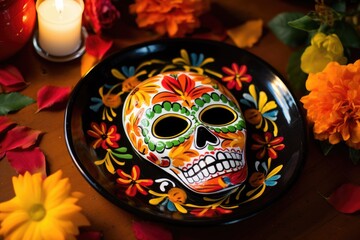 Canvas Print - painted day of the dead scene on a ceramic plate