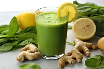 Wall Mural - green smoothie with ingredients around