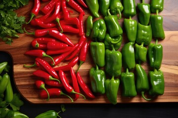 Canvas Print - juxtaposed green and red peppers on a board