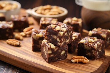 Wall Mural - bite-sized brownies with nuts on a wooden serving board