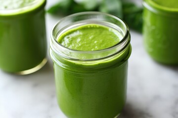 Poster - close-up of green smoothie in a glass jar