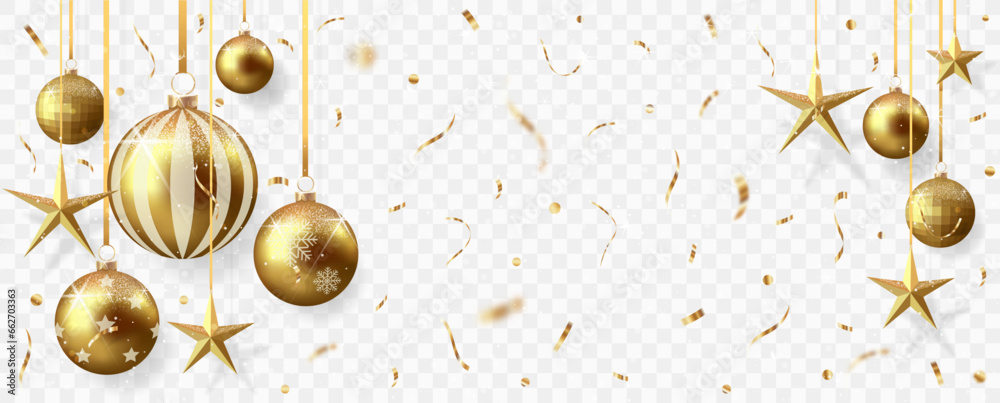 Gold christmas balls with shadow and confetti isolated on transparent ...