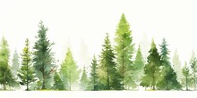Watercolor Background Drawn Landscape Of Foggy Forest, Winter Hill.