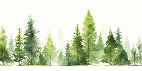 Watercolor background drawn landscape of foggy forest, winter hill.