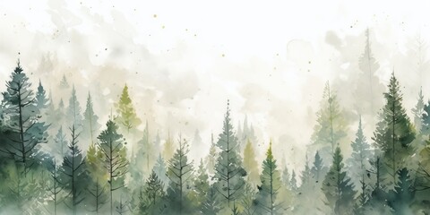 Watercolor background drawn landscape of foggy forest, winter hill.
