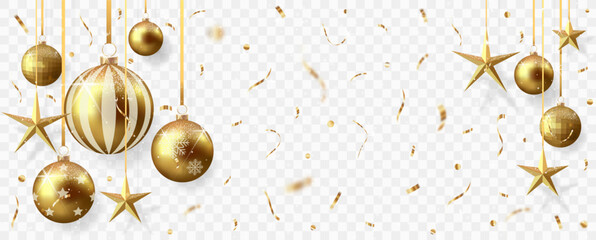 Wall Mural - Gold christmas balls with shadow and confetti isolated on transparent background	