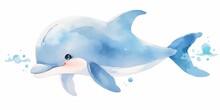 Cute Kawaii Dolphin Hand Drawn Watercolor Illustration.