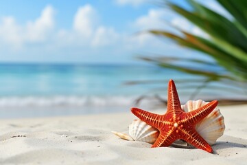 Wall Mural - Seashells, Red Starfish, and Palm Leaf on White Sand with Blurred Beach Ocean Sea Background