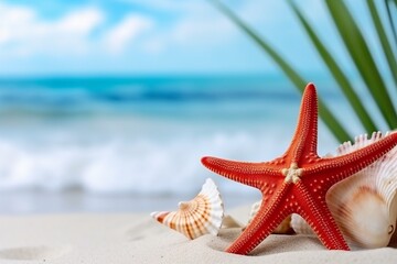 Wall Mural - Seashells, Red Starfish, and Palm Leaf on White Sand with Blurred Beach Ocean Sea Background