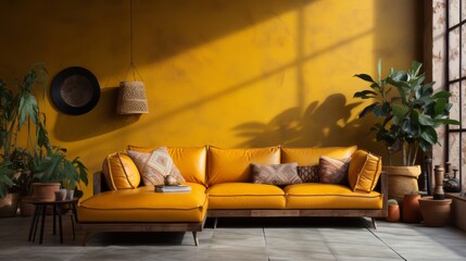 Wall Mural - Yellow leather corner sofa against terracotta stucco wall with copy space. Loft style home interior design of modern living room.