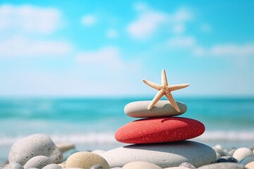 Wall Mural - Zen Stones and Red Starfish on Beach with Blue Sky Background