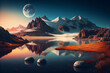 Fantasy landscape with mountains, lake and moon. Created with Generative AI technology